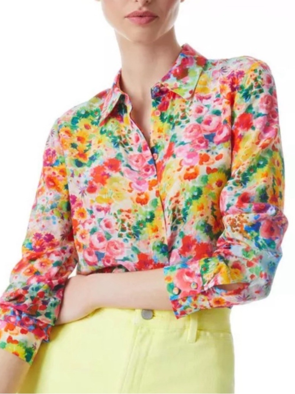 Alice + Olivia Vibrant Floral Button-Down Blouse in Pink, Yellow & Green